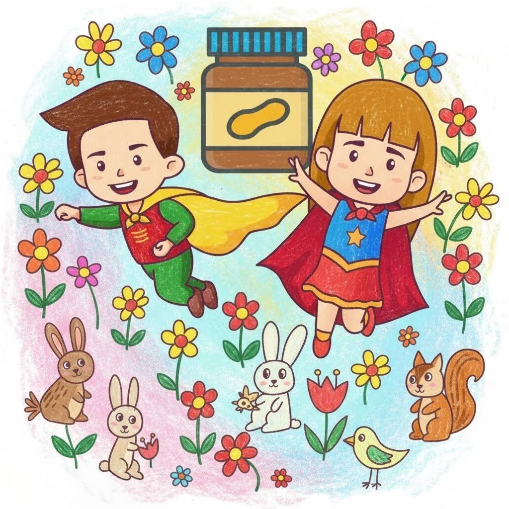 花や動物に囲まれて空を飛ぶ二人の子どもと、中央にヨサノミンを表す瓶を描いたロゴ